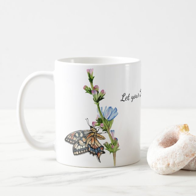 Vattenfärgsfjäril på en cikoriablomma kaffemugg (Med munk)