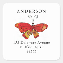 Vattenfärgsfjäril Red Hand Drawn Nature Teckning Fyrkantigt Klistermärke