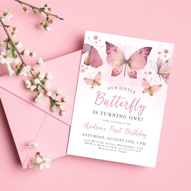 Vattenfärgsfjäril Rosa Butterfly första födelsedag Inbjudningar (Skapare uppladdad)