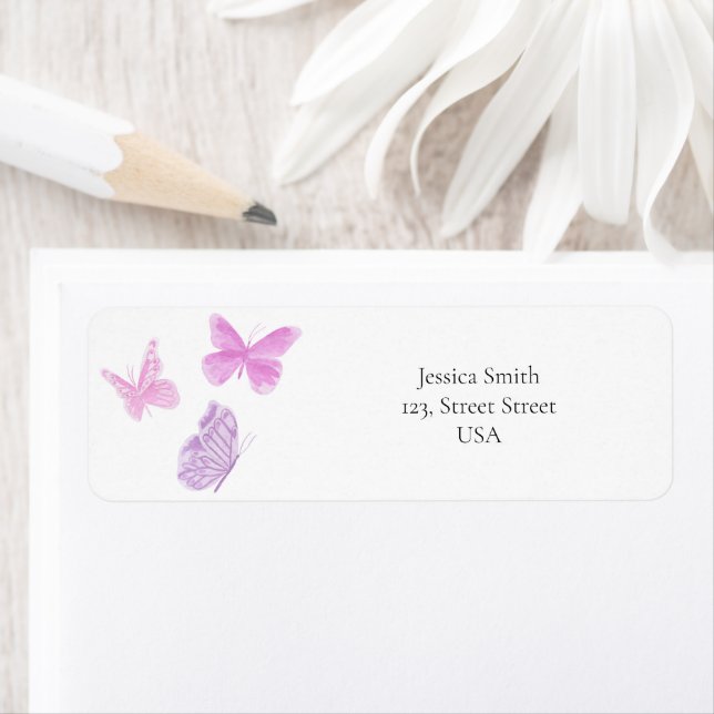 Vattenfärgsfjäril Rosa Butterfly Returadress Etikett (Insitu)