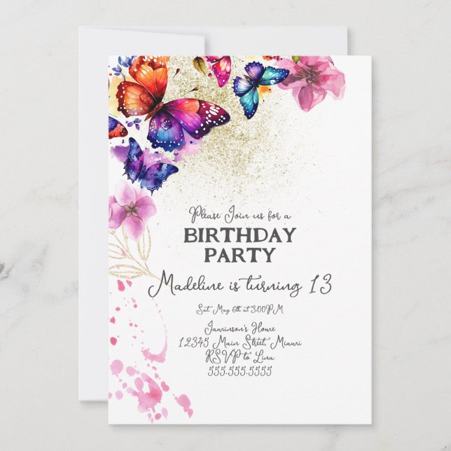 Vattenfärgsfjärilar i Blommigt Guld födelsedag Inbjudningar (Framsida)