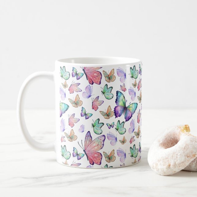 Vattenfärgsfjärilar Sömlösa Mönster Kaffemugg (Med munk)