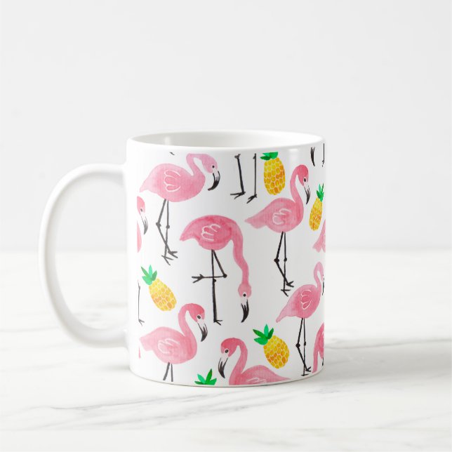 Vattenfärgsflamingo rosa bläck och ananas gult  kaffemugg (Vänster)