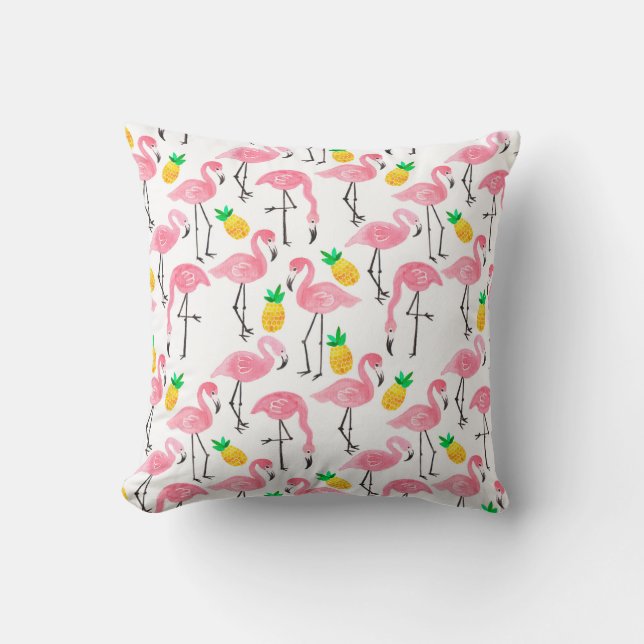 Vattenfärgsflamingo rosa bläck och ananas gult  kudde (Framsida)