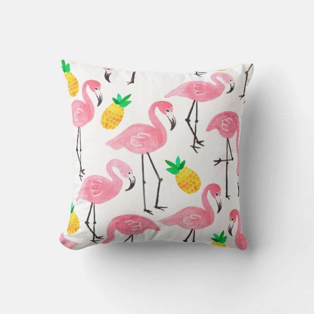 Vattenfärgsflamingo rosa bläck och ananas gult  kudde (Framsida)