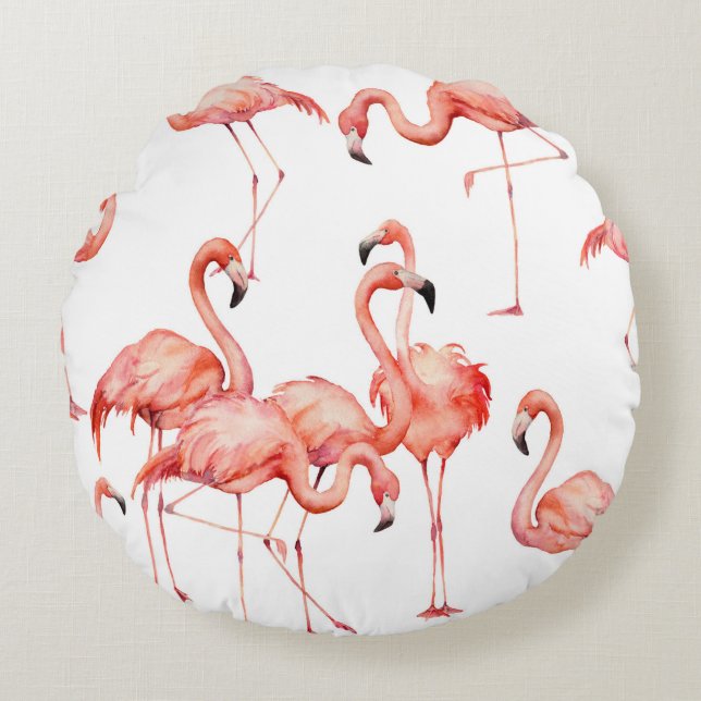 Vattenfärgsflamingo sömlös mönster. Handmålad Rund Kudde (Framsidan)