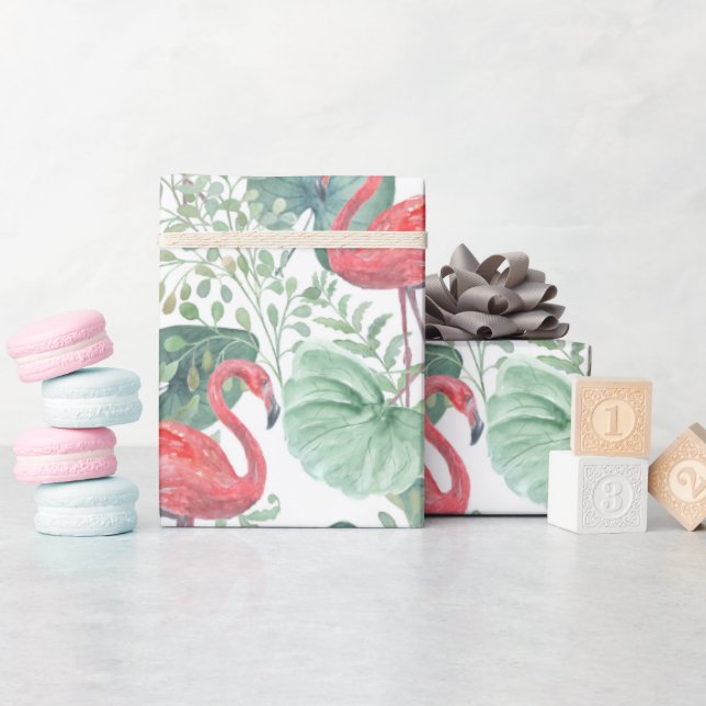 Vattenfärgsflamingor och löv av Rosa Presentpapper (Baby Shower)