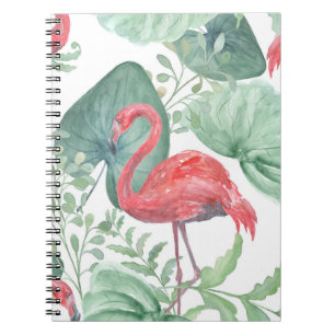 Vattenfärgsflamingor och Rosa löv. Anteckningsbok