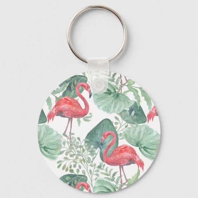 Vattenfärgsflamingor och Rosa löv. Nyckelring (Framsida)