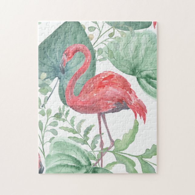 Vattenfärgsflamingor och Rosa löv. Pussel (Vertikal)
