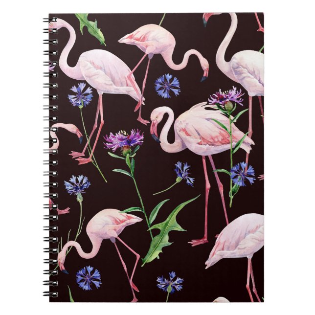 Vattenfärgsflamingor och vild blommor mönster. anteckningsbok (Framsidan)