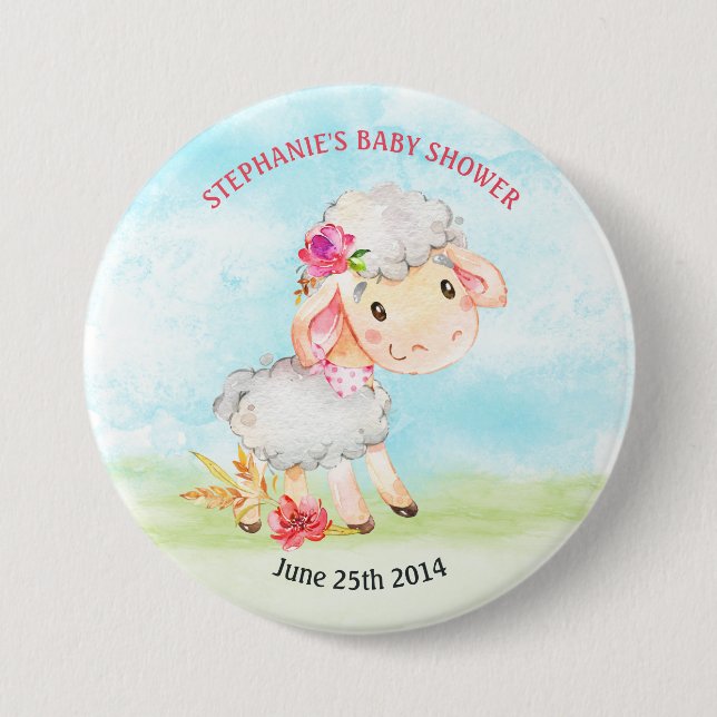 Vattenfärgsflicka Får Baby Shower Farm Knapp (Framsida)