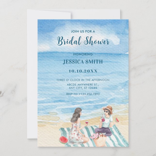 Vattenfärgsflickor som viker på stranden möhippa inbjudningar (Framsida)