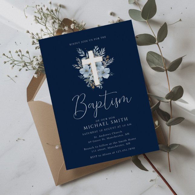 vattenfärgsflottan blå blommigt kor baptism inbjudningar (Skapare uppladdad)