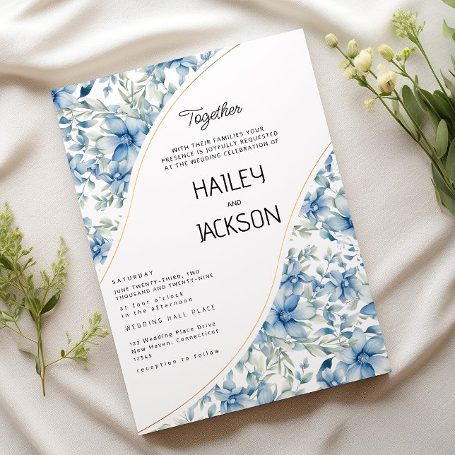 Vattenfärgsflottan blå mynta blommigt botaniskt br inbjudningar (Watercolor navy blue mint floral botanical wedding)