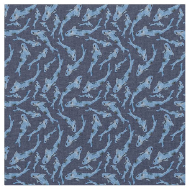 Vattenfärgsflottan Blue Koi Fish Mönster Tyg (Närbild)