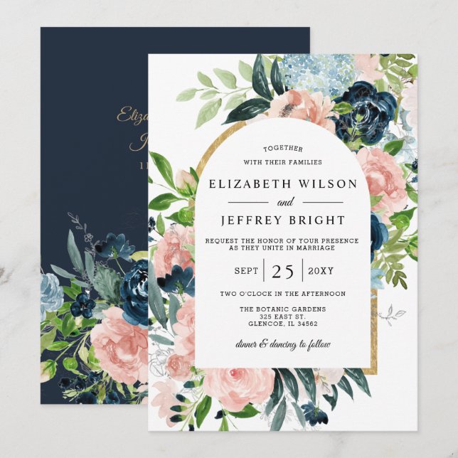 Vattenfärgsflottan  Guld-Blommigten,-Bröllop I Inbjudningar (Fram/baksida)