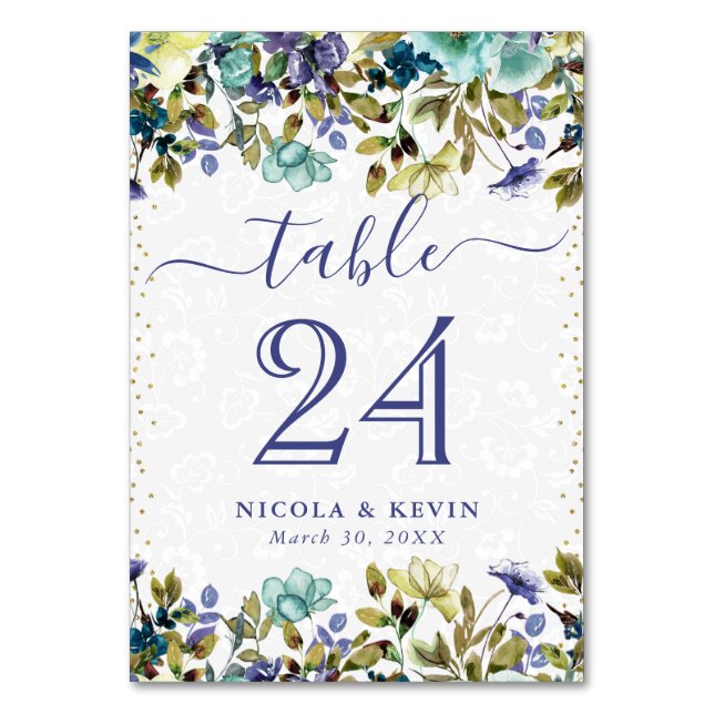 Vattenfärgsflottan och Blåa blommor Bröllop Bordsnummer (Framsidan)