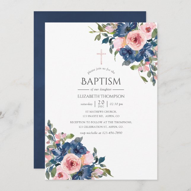 Vattenfärgsflottan och  Blommigt Baptism Inbjudningar (Fram/baksida)