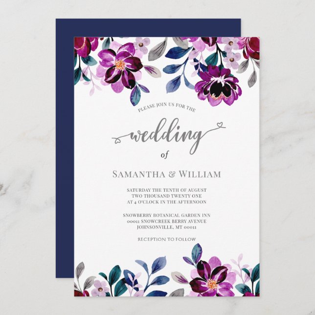 Vattenfärgsflottan och Lila Blommigt Bröllop Inbjudningar (Fram/baksida)