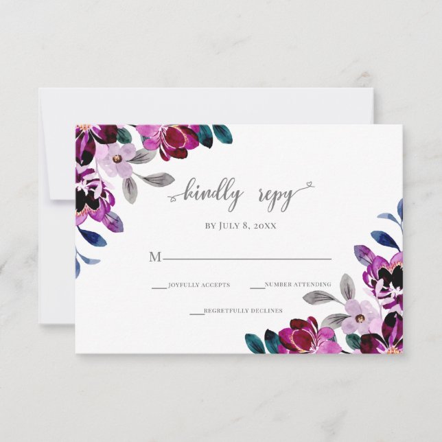 Vattenfärgsflottan och Lila Blommigt Bröllop OSA Kort (Framsida)