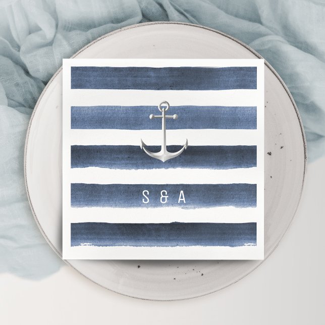 Vattenfärgsflottan rand med ankarstringens bröllop pappersservett (Watercolor navy stripes with anchor beach wedding napkins)