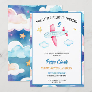 Vattenfärgsflygplan i Blå himmel Cute-flygplanet 5 Inbjudningar