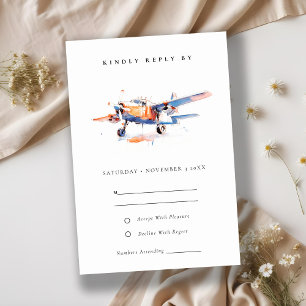 vattenfärgsflygplan i blå Orange Bröllop OSA Kort