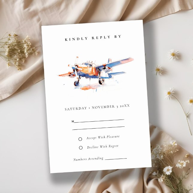  vattenfärgsflygplan i blå Orange Bröllop OSA Kort (Skapare uppladdad)