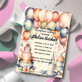 Vattenfärgsfödelsedag Bubblor Cake Food Inbjudningar