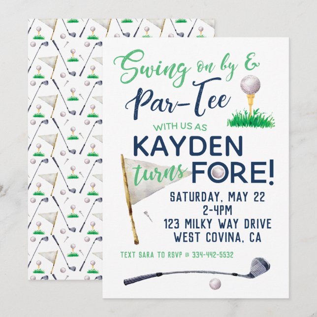 VattenfärgsFORE Golf Birthday-inbjudan Inbjudningar (Fram/baksida)