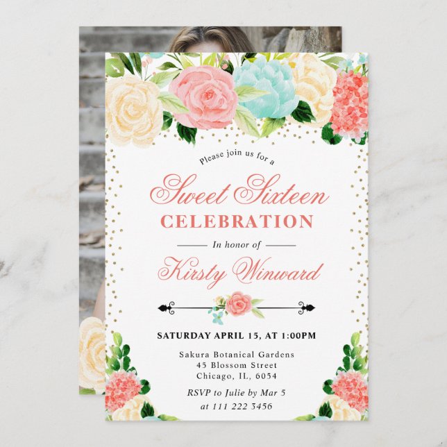 Vattenfärgsfoto 16, Rosa- och färgblomsterfoto 16 Inbjudningar (Fram/baksida)