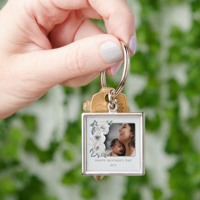 Vattenfärgsfoto, Blommigt Mors dag Fyrkantig Silverfärgad Nyckelring (Hand)
