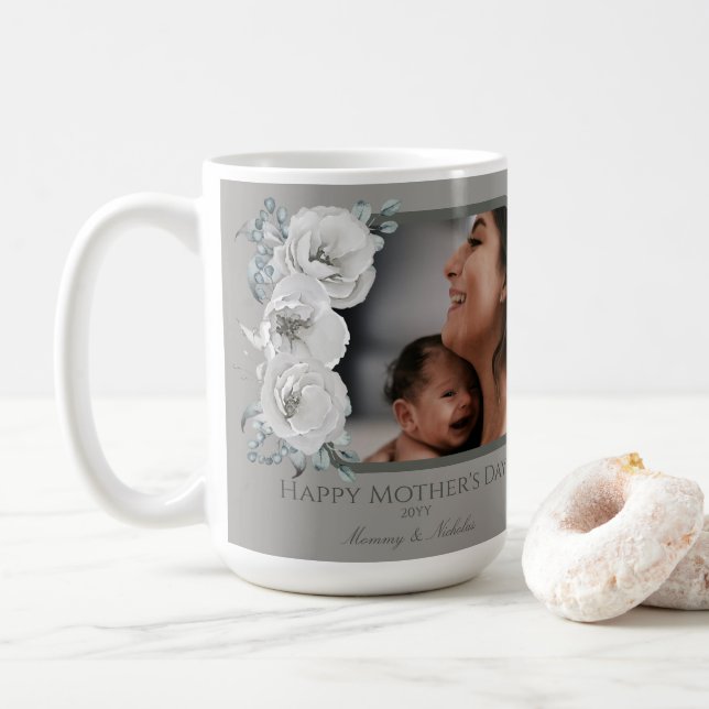Vattenfärgsfoto, Blommigt Mors dag | Grått Kaffemugg (Med munk)