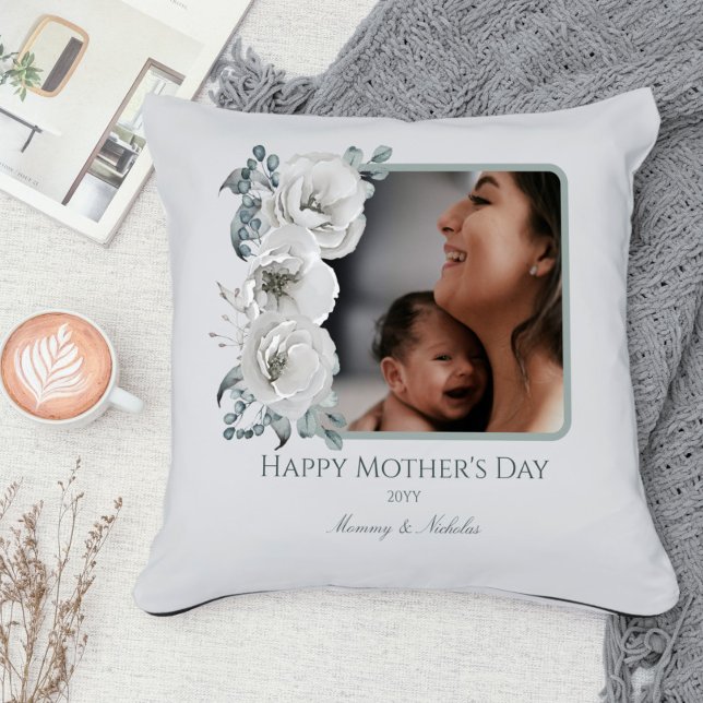 Vattenfärgsfoto, Blommigt Mors dag Kudde (Watercolor Floral Photo Mother' s Day Throw Pillow)