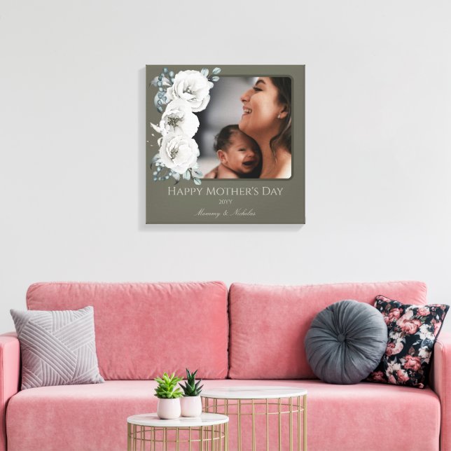 Vattenfärgsfoto, Blommigt Mors dag | Oliv grönt Canvastryck (Insitu (Vardagsrum))