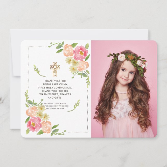 Vattenfärgsfoto Blommigt Photo Kor Communion Tack Kort (Framsida)