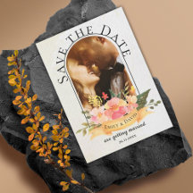 Vattenfärgsfoto Bröllop spara datum, Blommigt Arch