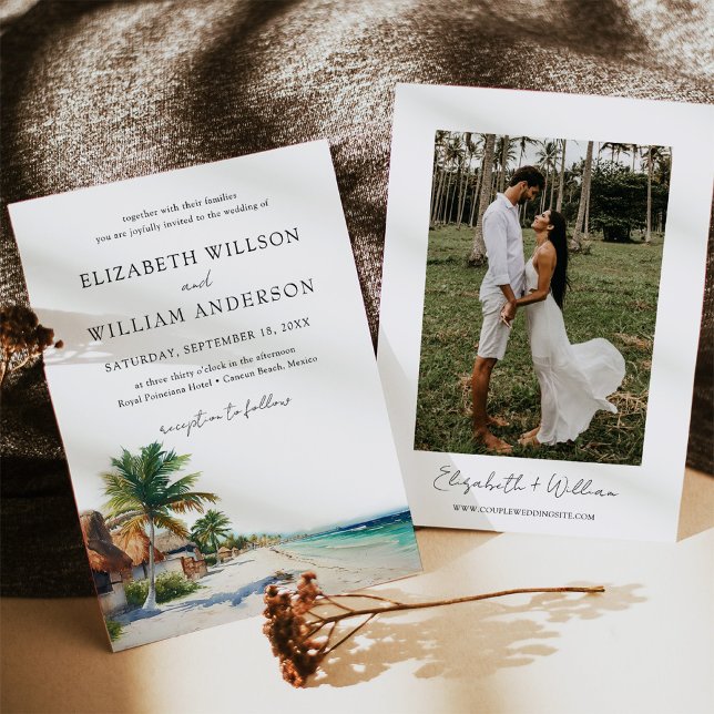 Vattenfärgsfoto Cancun Mexico Beach Wedding Photo Inbjudningar (Stunning Watercolor Cancun Beach Wedding Invitation with Photo - Perfect for a Destination Wedding)