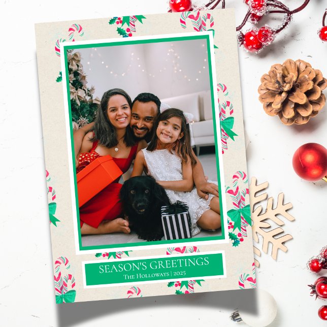 Vattenfärgsfoto Candy cane One Julkort (Share your family's "Season's Greetings" with this customizable photo card.)
