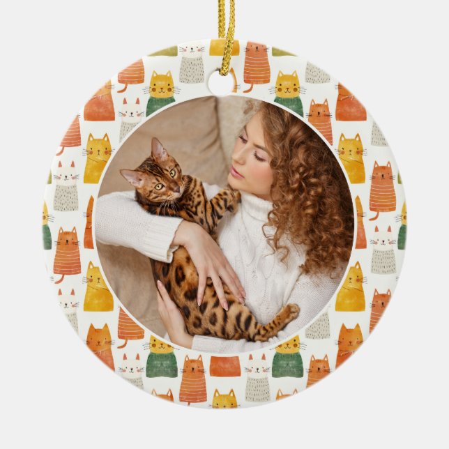 Vattenfärgsfoto Cute Cats Mönster Pet Photo Julgransprydnad Keramik (Framsidan)