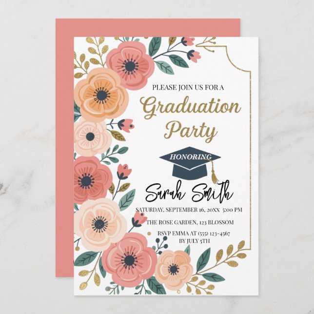 Vattenfärgsfoto för blommigt Guld studenten Inbjudningar (Fram/baksida)