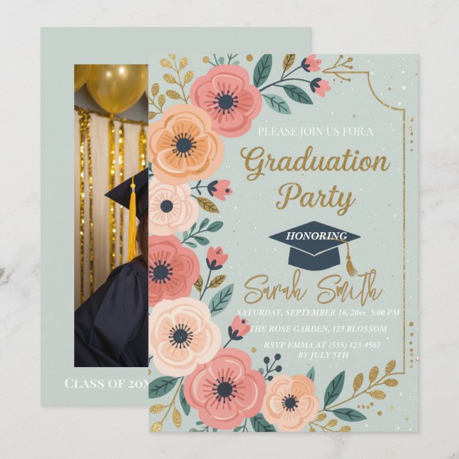 Vattenfärgsfoto för blommigt Guld studenten Inbjudningar (Fram/baksida)