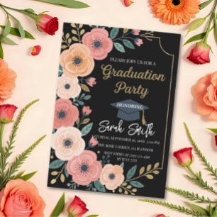 Vattenfärgsfoto för blommigt Guld studenten Inbjudningar