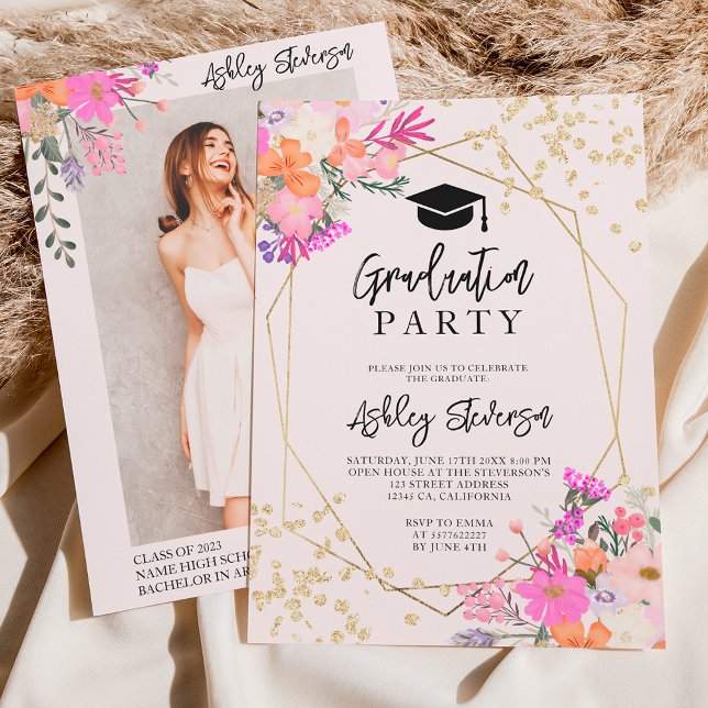 Vattenfärgsfoto för blommigt Guld studenten Inbjudningar (Gold glitter floral watercolor photo graduation)