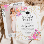 Vattenfärgsfoto för blommigt Guld studenten Inbjudningar<br><div class="desc">Klass 2023! Chic vår,  sommarens rosa,  lila och orange blommigt vattenfärg och guld glitter konetti typography studentfest inbjudan med handmålade blommor,  grönt vattenfärg löv grenar med guld geometrisk terarium ram på vit bakgrund,  lägg till ditt foto på baksidan</div>