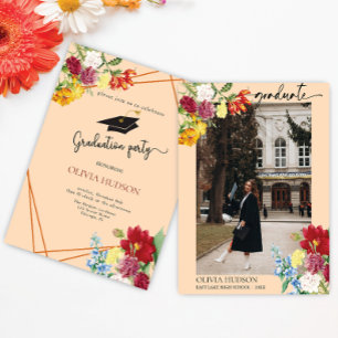 Vattenfärgsfoto för blommigt Guld studenten Inbjudningar