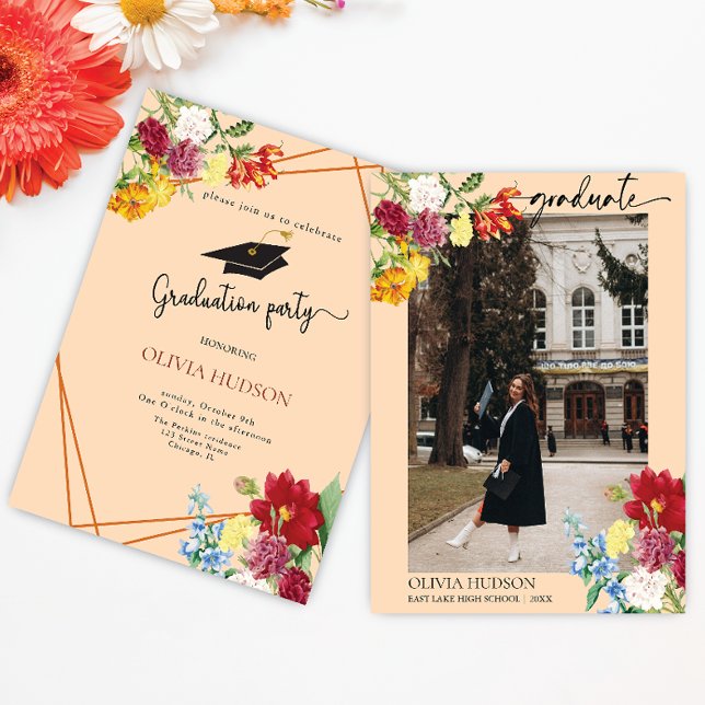 Vattenfärgsfoto för blommigt Guld studenten Inbjudningar (Skapare uppladdad)