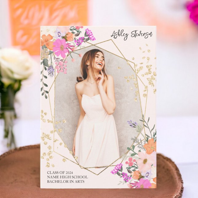 Vattenfärgsfoto för blommigt Guld studenten Meddelande (Gold glitter floral watercolor photo graduation announcement)