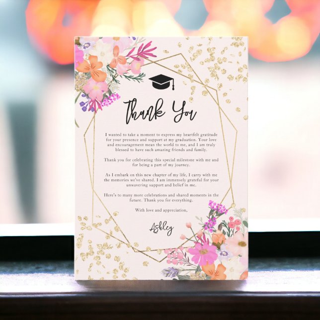 Vattenfärgsfoto för blommigt Guld studenten Tack Kort (Gold glitter floral watercolor photo graduation thank you card)